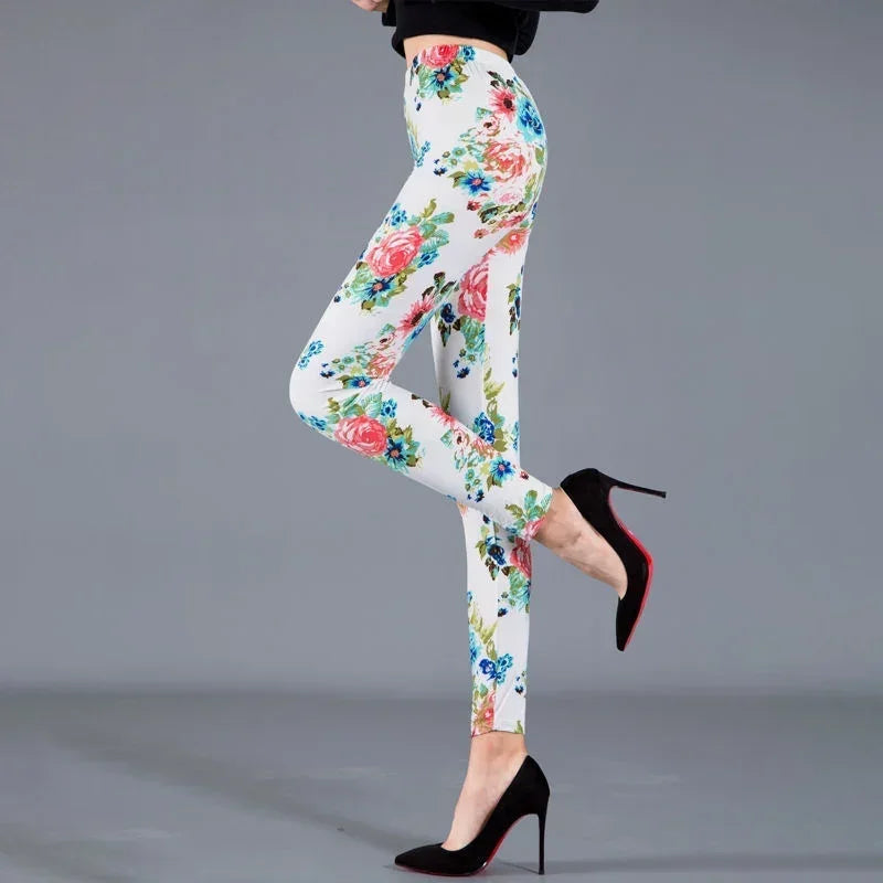 Women Floral Printed Exercise Colorful Peony Flower Female Elastic Leggins High Waist Pants Push Up Trousers Fitness Leggings
