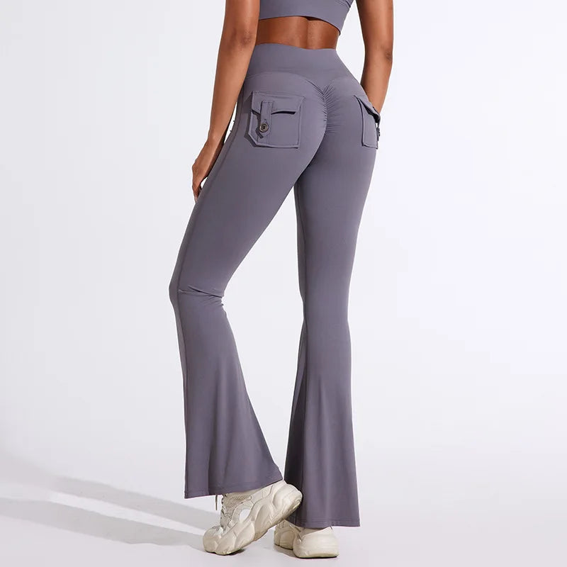 Workwear Pocket Pants, Women's Peach Bell Bottom Pants, Hip Lifting Sports Leggings, Fitness Pants, Micro Bell Bottom Pants