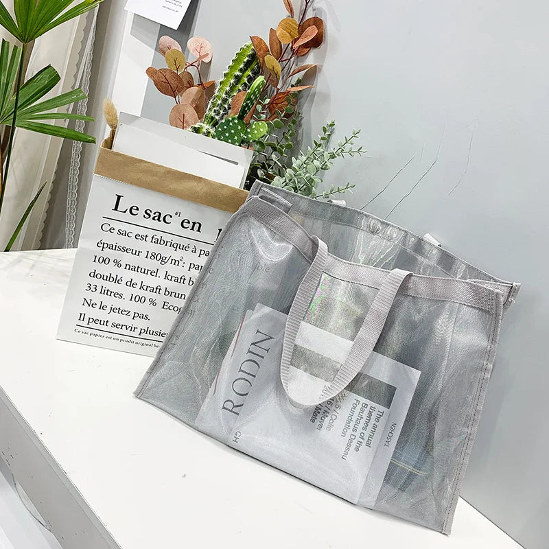 Mesh Handbag Transparent Shopping Bag Swimming Bag Nylon Mesh Dance Yoga Fitness Large Capacity Storage Bag Beach Bag