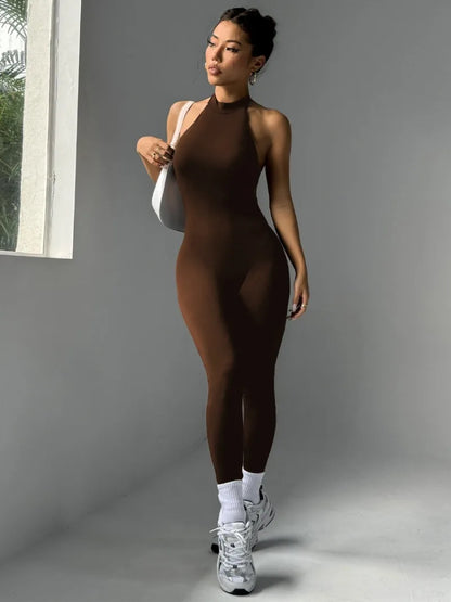 Sexy Halter Backless Sports Jumpsuits for Women Off Shoulder Sleeveless Fitness Gym Bodysuit Female Solid Tight Yoga Overalls