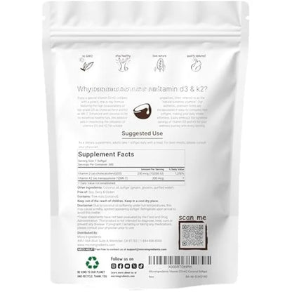 Vitamin D3 10,00 IU + K2 MK-7 200 mcg, 300 Softgels with Virgin Coconut Oil 2-in-1 Vitamins D & K Complex | Extra Strength