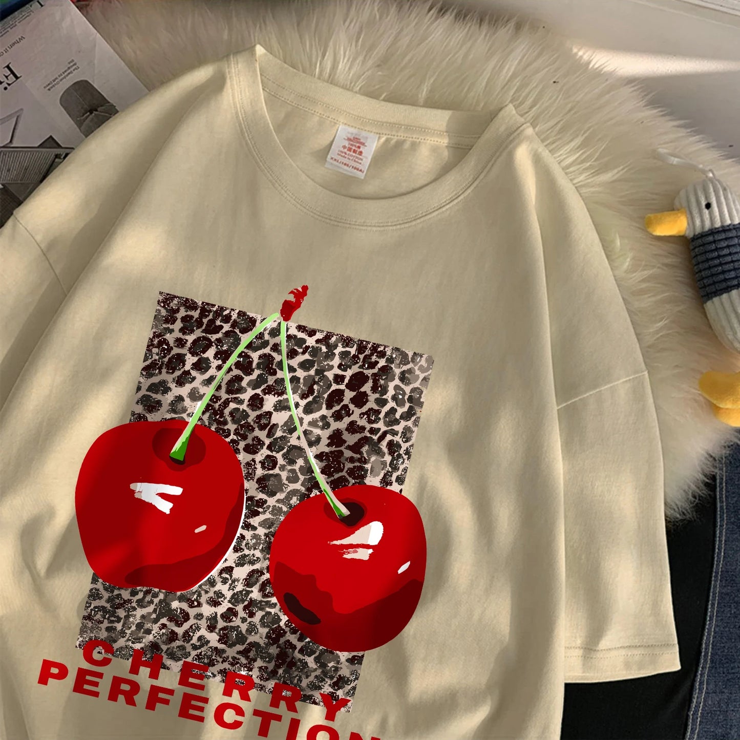 Cherry perfection T Shirt Women Leopard Prints Oversize Cotton T-Shirts Casual O-Neck Short Sleeve Tops Summer Woman Clothes