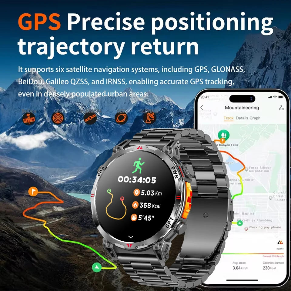 2026 Outdoor GPS Sports Smart Watch Men Built in GPS Compass 5ATM Waterproof Bluetooth Call HD AMOLED Screen Fitness Smartwatch