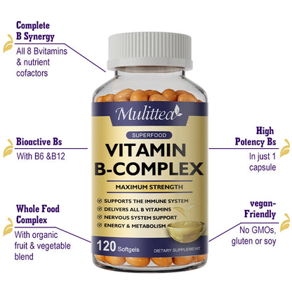 Mulittea 3X Complex Vitamin B  Supplements (B12 B2 B6)for Relieve Stress Improve Immunity System Energy Support