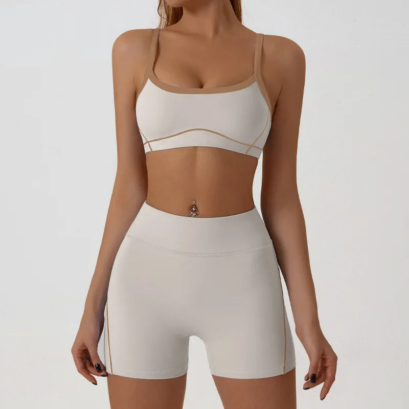 Nude High-elasticity Yoga Suit Contrasting Color Bra Halter Top Hip-lifting Fitness Line Shorts Pilates Sports Set
