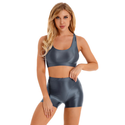 Womens Glossy Swimwear Sleeveless Tank Top with Mid Waist Shorts Fitness Workout Yoga Sportswear Beach Pool Surfing Swimsuit