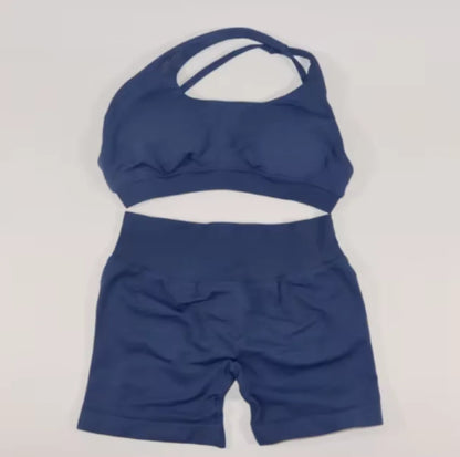 Yoga Asymmetric Gym Set Women Seamless Yoga Set Workout Shorts Sets Halter Sports Bra Scrunch Bum Shorts Fitness Clothes