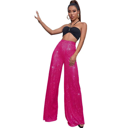 Vintage Bling Bling Sequined Pants Sexy Women High Waist Elegant Night Club Shiny Sequins Trousers