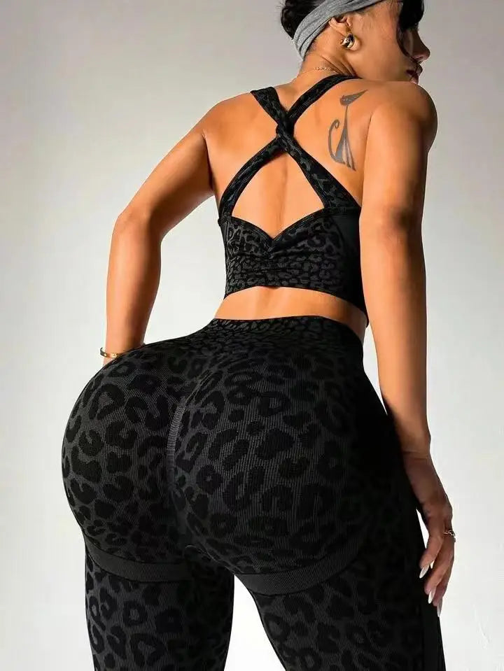 Casual Sexy Outdoor Yoga Tracksuits Women Leopard Print Corset Top+Pants 2-piece Set Female GYM Fitness Trousers Suit Sportwear