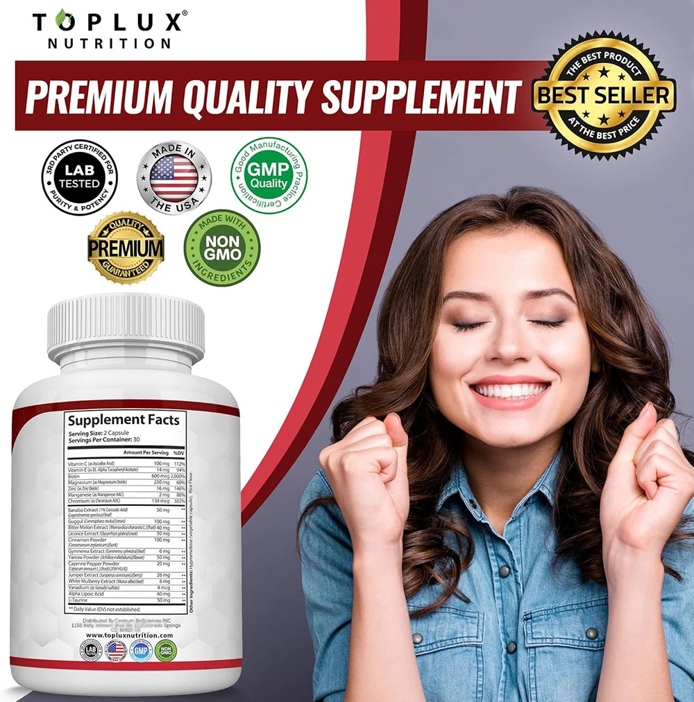 Blood Sugar Complex Supplement Balance Blend Complex for Men Women- Natural 20 Herbs and Vitamins with Cinnamon, Vegan Capsules