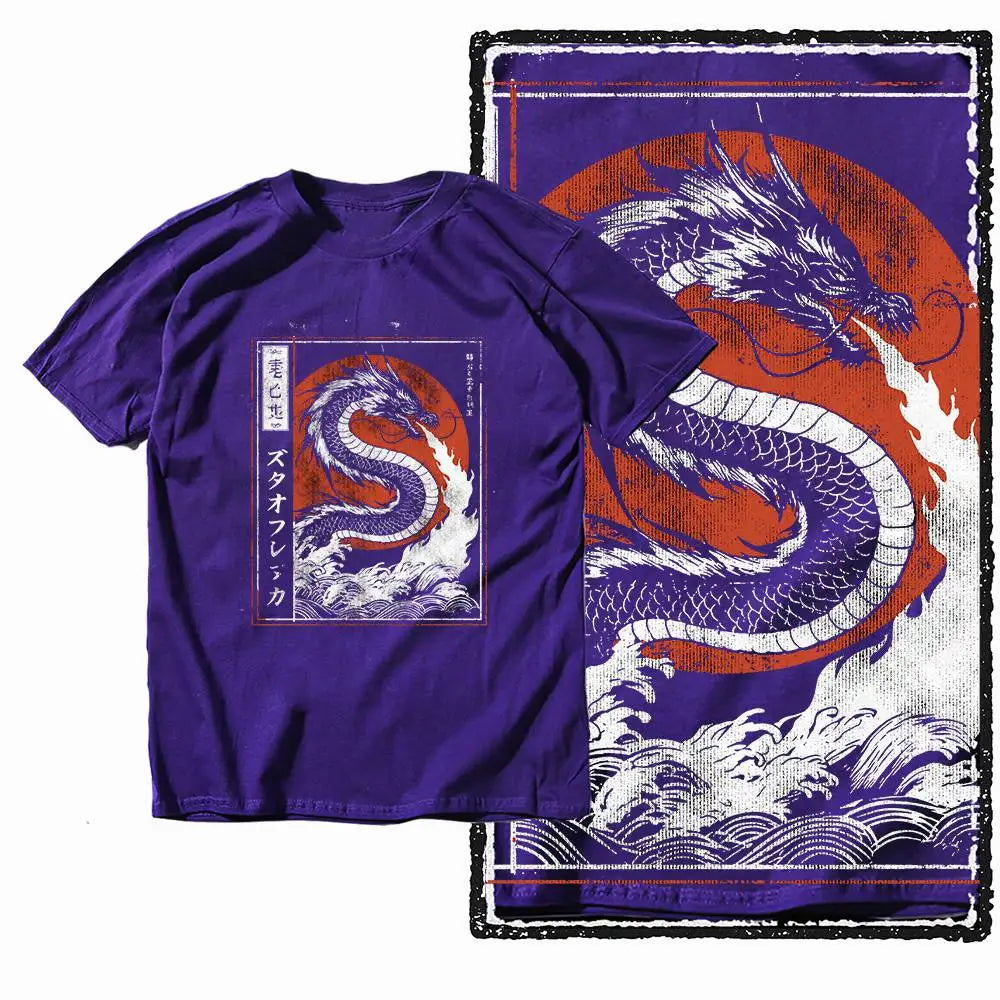 G28 Purple Cotton Cool Dragon Graphic Men T-shirt |  Streetwear Big Size Vintage O-neck men's Tee Tshirt