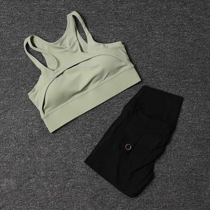 TRY TO BN Fitness Shorts Yoga Sports Bra Sets Women's Tracksuit Sportswear Workout High Waisted Leggings Cycling Gym Suit Pocket