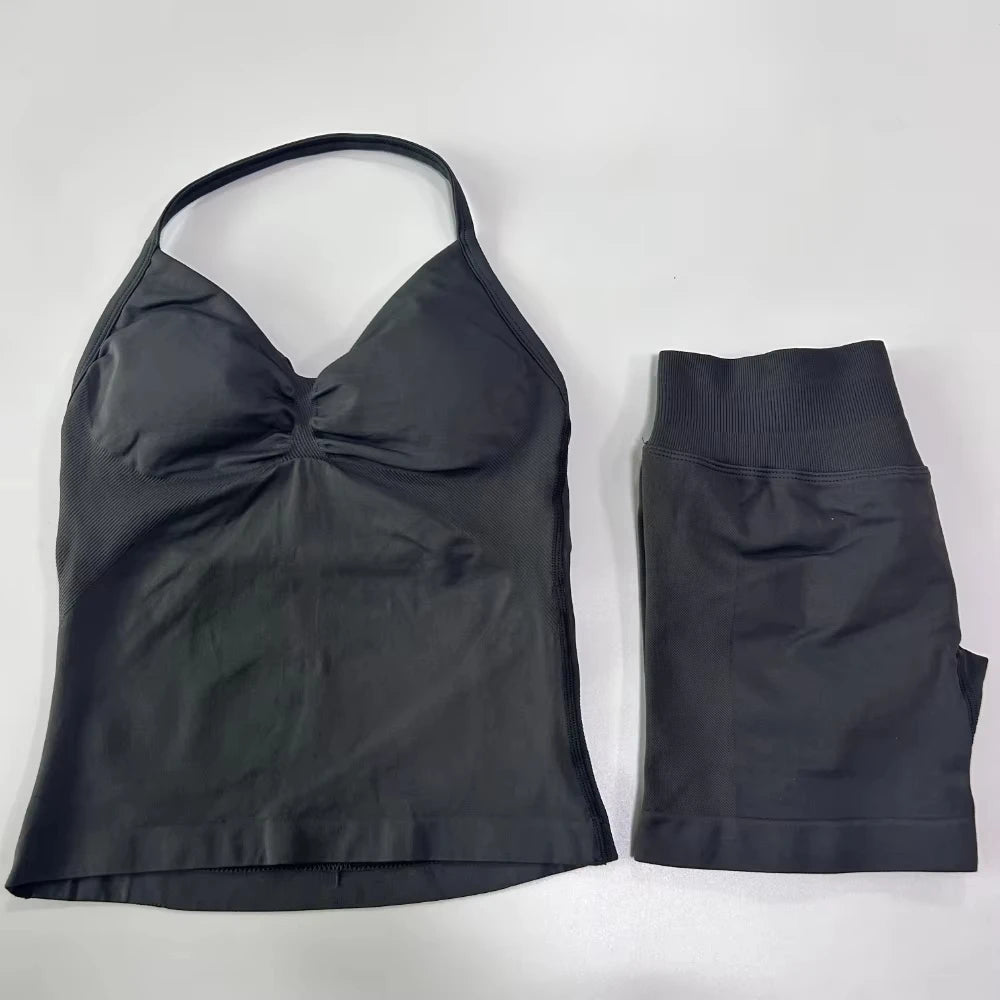 2Pcs Gym Set Women Backless Tank Tops High Waist Scrunch Seamless Shorts Gym Suit Fitness Clothes Activewear Workout Set