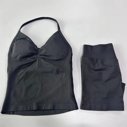 2Pcs Gym Set Women Backless Tank Tops High Waist Scrunch Seamless Shorts Gym Suit Fitness Clothes Activewear Workout Set