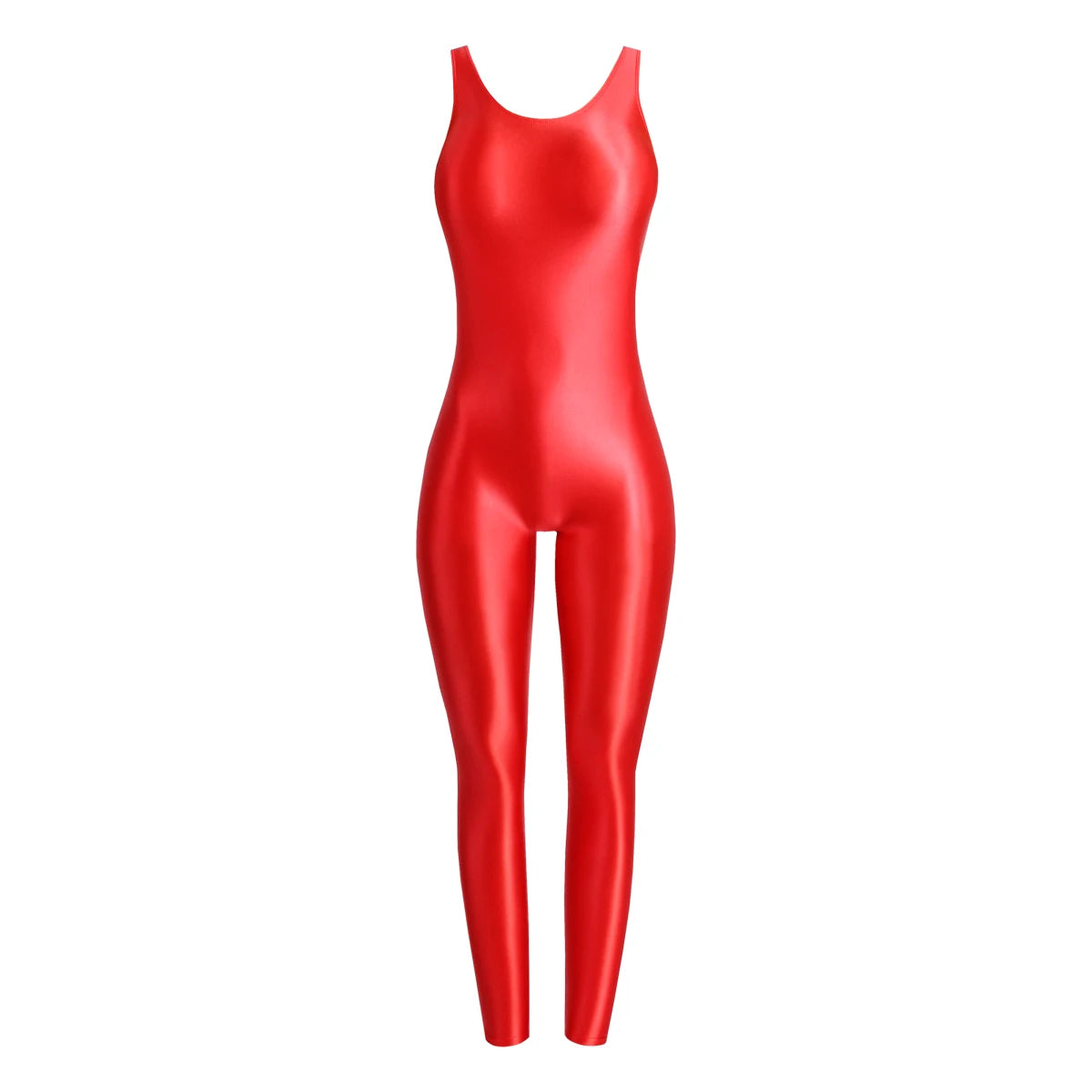 MJINM Glossy Spandex Smooth Stretch Sleeveless Bodybuilding Yoga Tight Vest Footless Leggings Jumpsuit Bodysuit Catsuit Playsuit