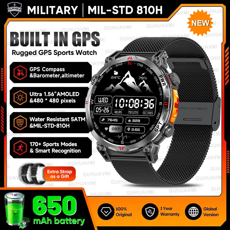 2026 Outdoor GPS Sports Smart Watch Men Built in GPS Compass 5ATM Waterproof Bluetooth Call HD AMOLED Screen Fitness Smartwatch