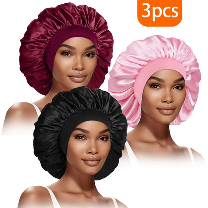 3pcs Satin Bonnet for Women Extra Wide Brim Silk Sleep Cap - Curly Hair Care, Gym & Travel, Breathable Elastic Band