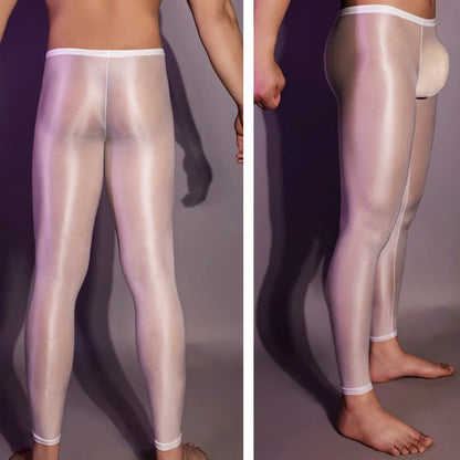 Men's Ultra Thin Oil Shiny Leggings Tight Elastic Sexy Transparent Pouch Underwear Pants Skinny Trousers Man Exotic Pants