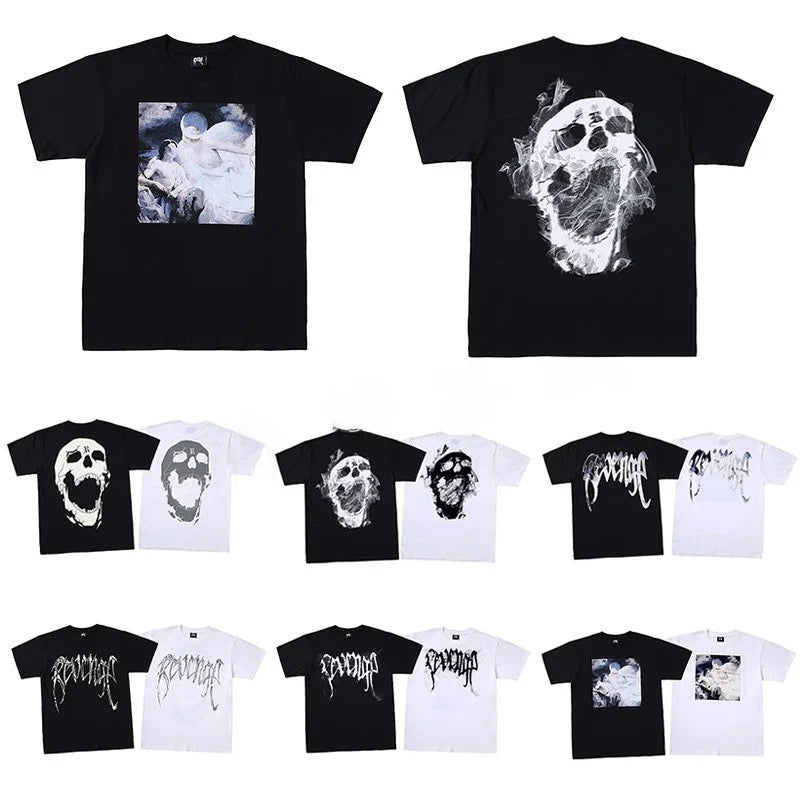 Dark Reflective Skull Bones Tee Short Sleeve Men's T-shirt Street Style Revenge Theme Youth Fashion Casual round Neck
