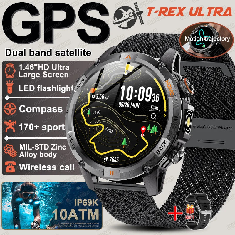 New T-Rex3 Ultra Dual band GPS Tracker Smart Watch Compass 10ATM Waterproof Sports fitness BT call Outdoors Military Smartwatch