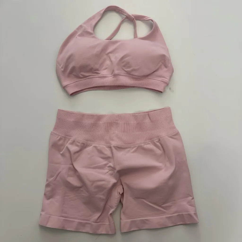 Yoga Asymmetric Gym Set Women Seamless Yoga Set Workout Shorts Sets Halter Sports Bra Scrunch Bum Shorts Fitness Clothes