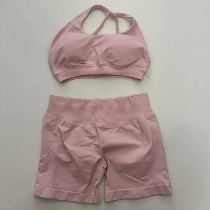 Yoga Asymmetric Gym Set Women Seamless Yoga Set Workout Shorts Sets Halter Sports Bra Scrunch Bum Shorts Fitness Clothes