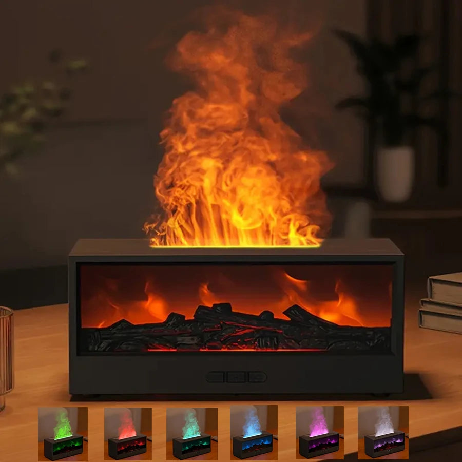 Simulated 3D flame aroma diffuser and humidifier, featuring colorful ambient lighting, remote control, and sonic technology