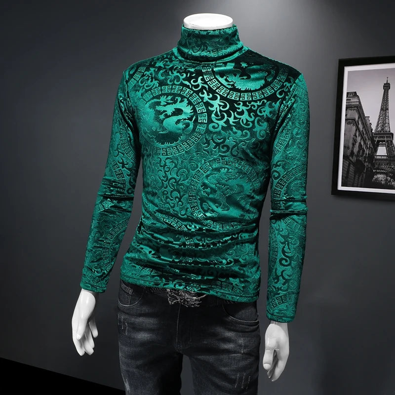 Luxury Dragon Jacquard T Shirt For Men Long Sleeve Casual Slim Winter Thick Quality Velvet Easy Care Smooth Turtleneck Camisetas