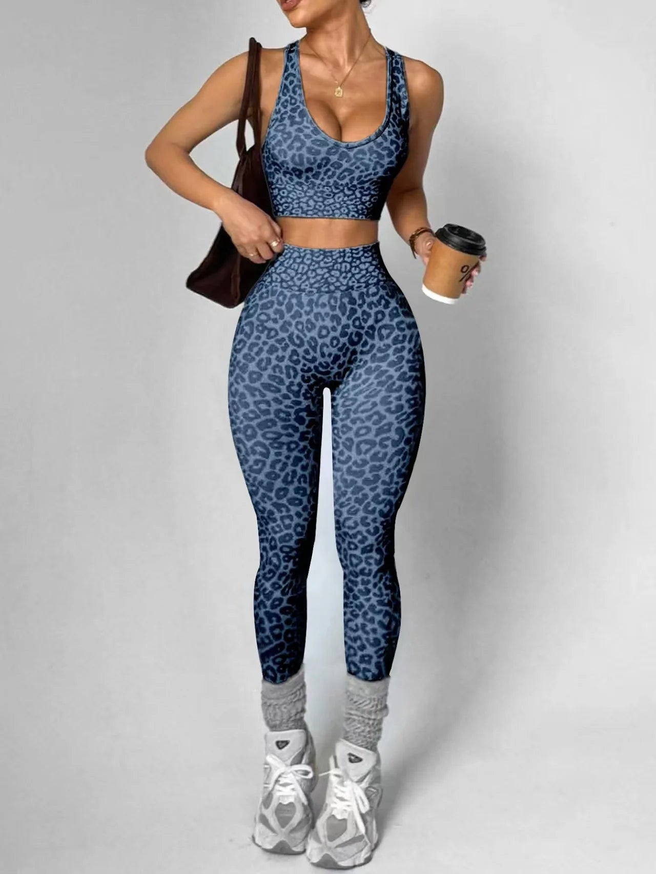 Casual Sexy Outdoor Yoga Tracksuits Women Leopard Print Corset Top+Pants 2-piece Set Female GYM Fitness Trousers Suit Sportwear