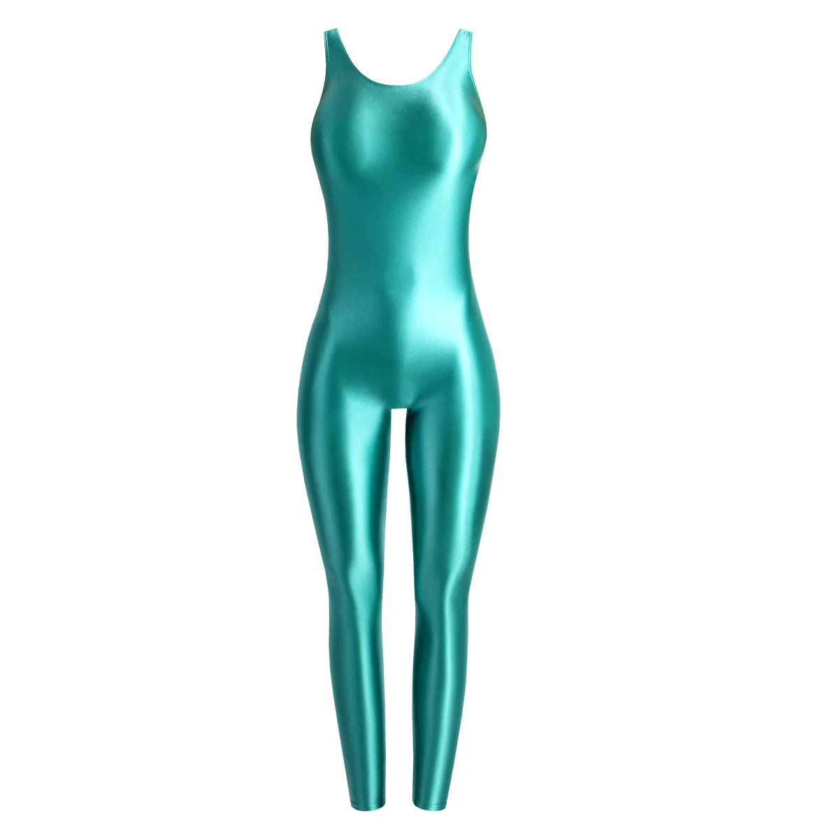 MJINM Glossy Spandex Smooth Stretch Sleeveless Bodybuilding Yoga Tight Vest Footless Leggings Jumpsuit Bodysuit Catsuit Playsuit