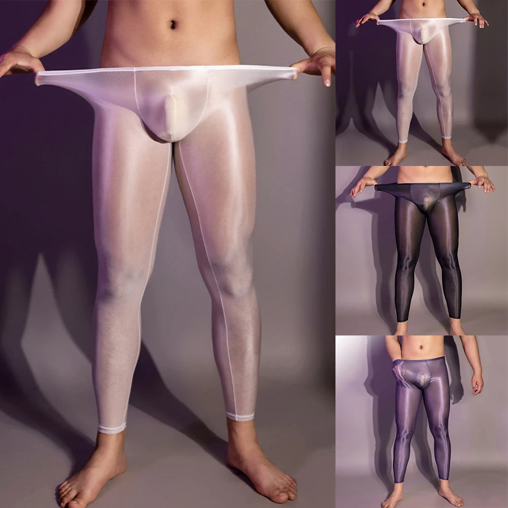 Men's Ultra Thin Oil Shiny Leggings Tight Elastic Sexy Transparent Pouch Underwear Pants Skinny Trousers Man Exotic Pants