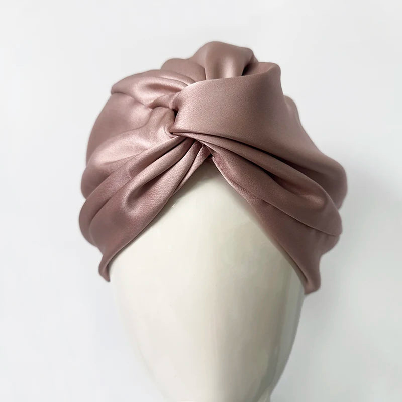 Double Layers 100% Silk Twisted Sleeping Bonnet Natural Silk Turban With Elastic Ribbon Women Headwrap For Hair Care 19Momme