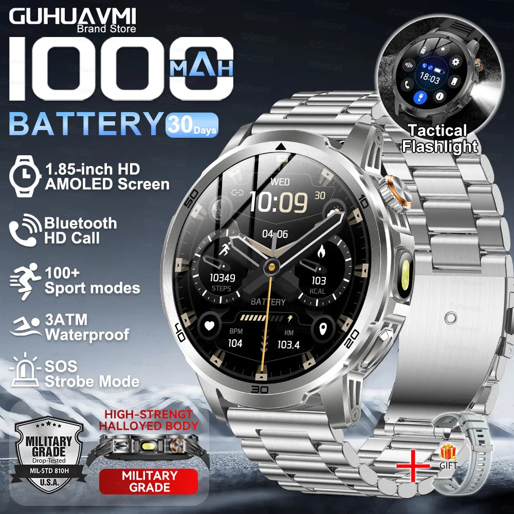 2026New Rugged Military Grade Smart Watch Men 1000mAh Large Battery Flashlight Waterproof Voice Call Sports Men Fitness Bracelet