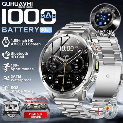 2026New Rugged Military Grade Smart Watch Men 1000mAh Large Battery Flashlight Waterproof Voice Call Sports Men Fitness Bracelet