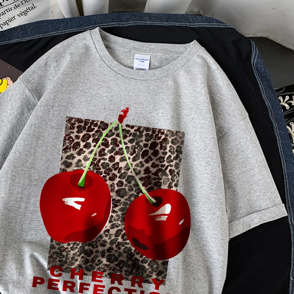 Cherry perfection T Shirt Women Leopard Prints Oversize Cotton T-Shirts Casual O-Neck Short Sleeve Tops Summer Woman Clothes