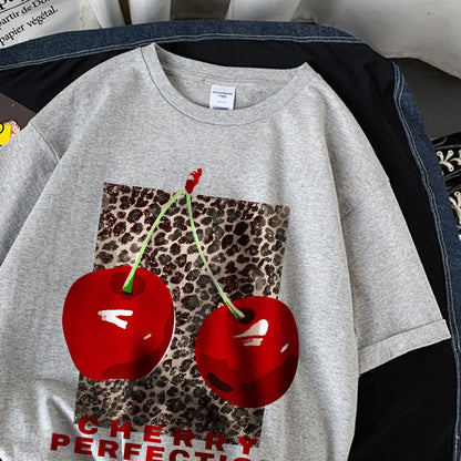 Cherry perfection T Shirt Women Leopard Prints Oversize Cotton T-Shirts Casual O-Neck Short Sleeve Tops Summer Woman Clothes