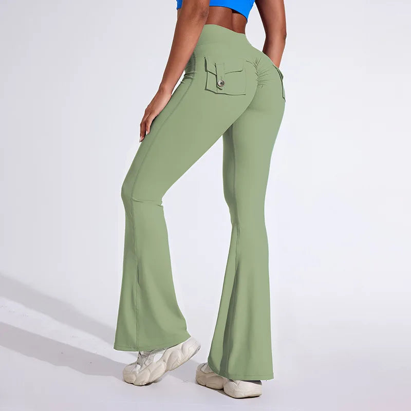 Workwear Pocket Pants, Women's Peach Bell Bottom Pants, Hip Lifting Sports Leggings, Fitness Pants, Micro Bell Bottom Pants