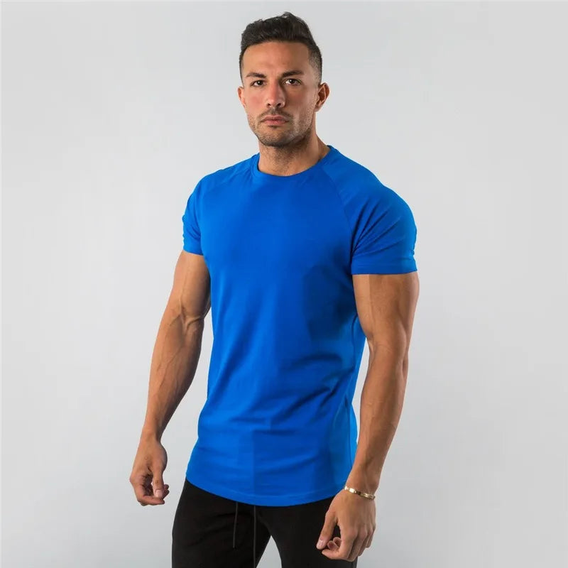 Men's T-shirt European Summer Fitness Sports Solid Cotton Elasticity Active Short-sleeved T-shirt Large Size M-2XL