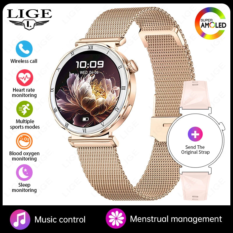 LIGE Ultra Thin Smart Watch Women Always On Display Clock Diamond Bracelet Sports BT Call AMOLED Fashion Smartwatch Ladies Gift