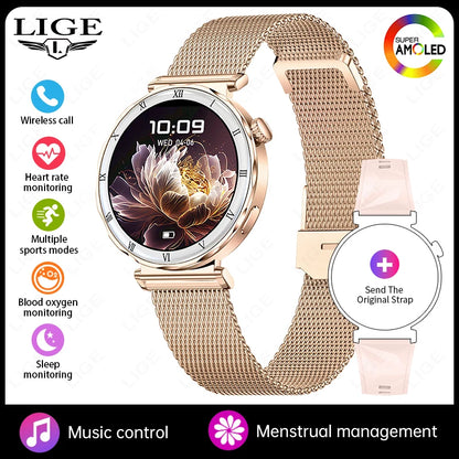 LIGE Ultra Thin Smart Watch Women Always On Display Clock Diamond Bracelet Sports BT Call AMOLED Fashion Smartwatch Ladies Gift