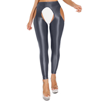 Womens Shiny Glossy High Waisted Cutout Open Crotch Leggings Hollow Out Crotchless Stretchy Tights Pencil Pants Long Trousers