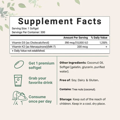 Vitamin D3 K2 10000 IU 300 Coconut Oil Softgels, 2 in 1 Vitamins Supplement D & K (MK7) Supports Calcium Absorption, Bone Health