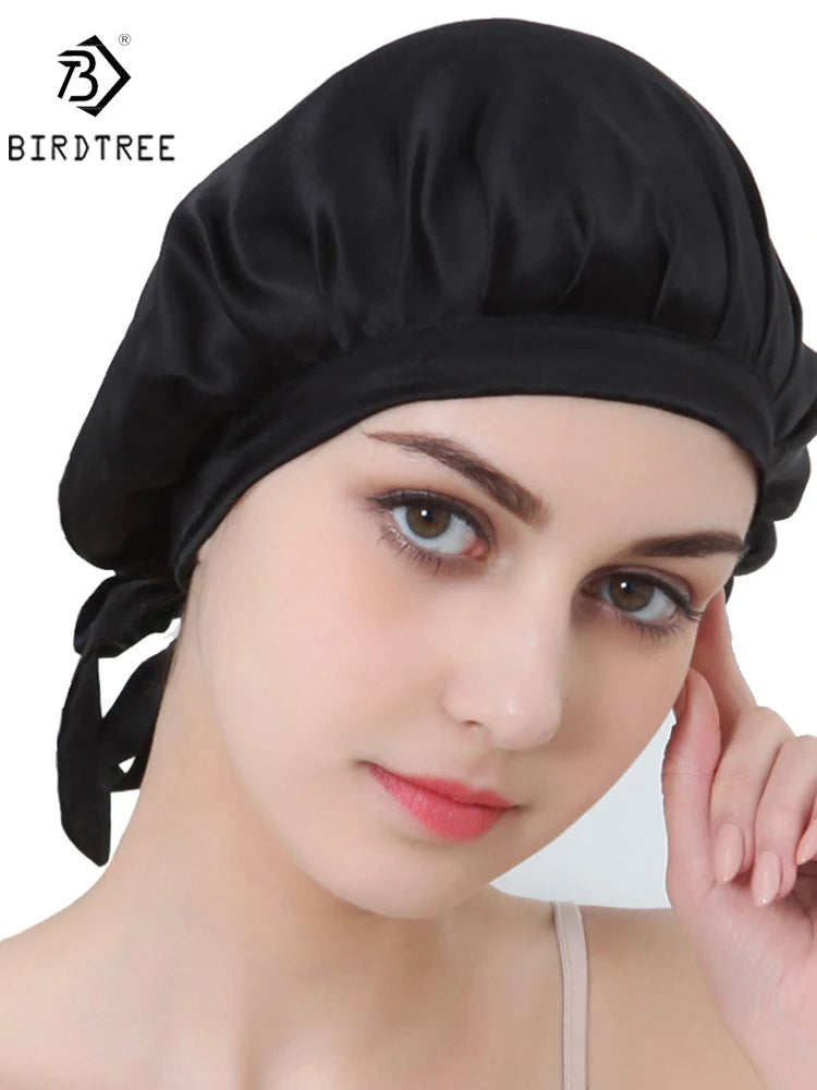 BirdTree 100% Real Silk Sleep Cap for Women, Hair Care Natural 19 Momme Silk Postpartum Hat, Night Bonnet with Tie T32101X
