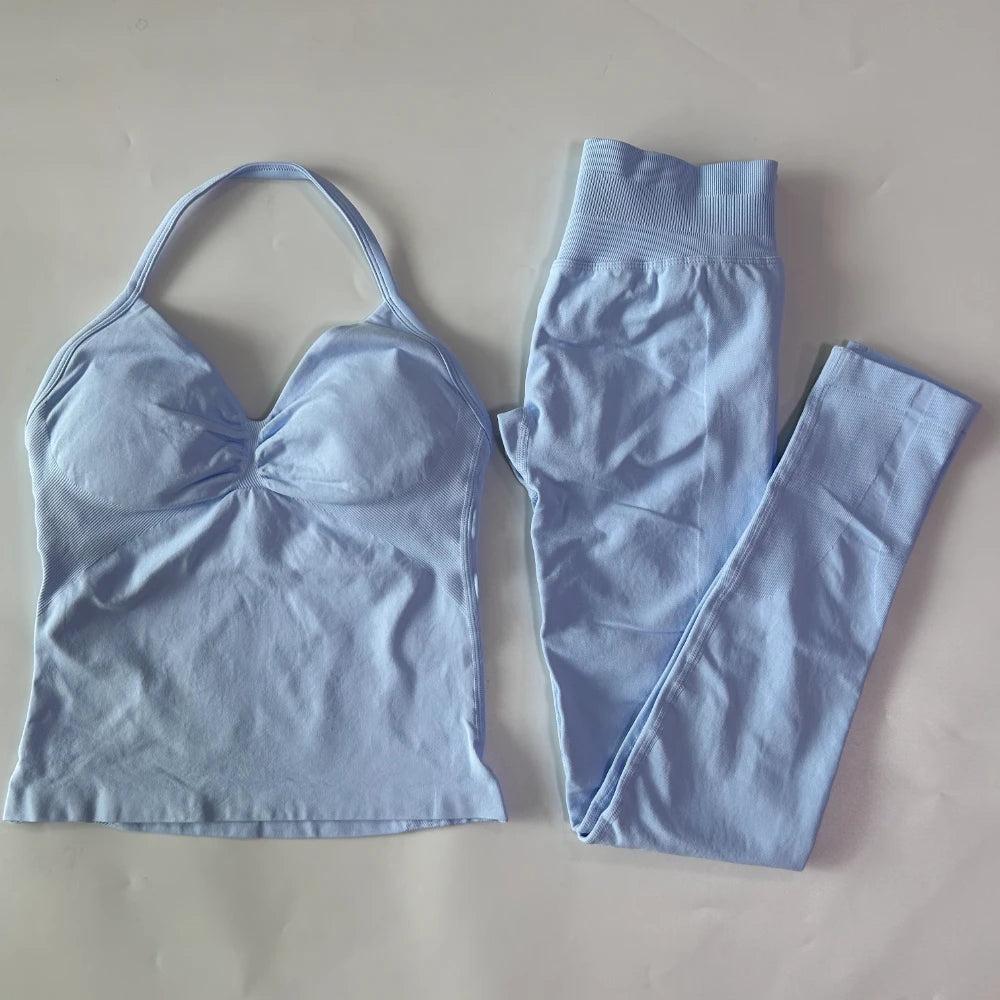 2Pcs Gym Set Women Backless Tank Tops High Waist Scrunch Seamless Shorts Gym Suit Fitness Clothes Activewear Workout Set
