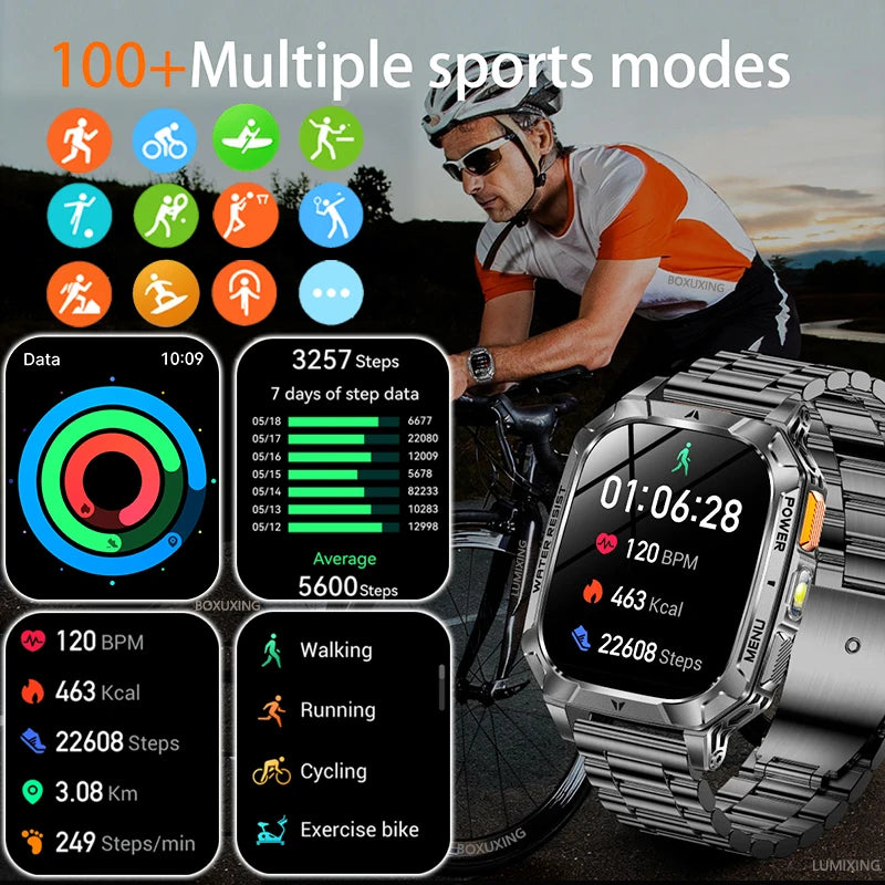 2026 New 1400 mAh Battery Military Grade Smart Watch Men IP68 Waterproof 100+ Sports Modes Bluetooth Call AMOLED HD Smartwatches