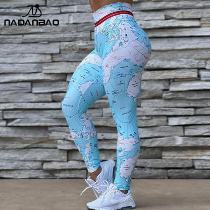 NADANBAO Woman Map Printed Leggings High Waist Skinny Trousers Lady Sporty Workout Pants Female Outdoor Running Riding Bottom