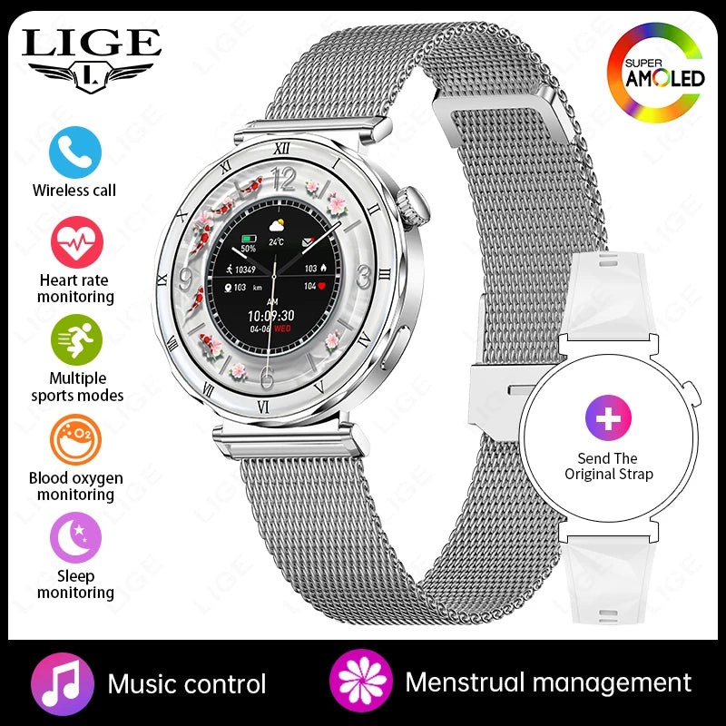 LIGE Ultra Thin Smart Watch Women Always On Display Clock Diamond Bracelet Sports BT Call AMOLED Fashion Smartwatch Ladies Gift