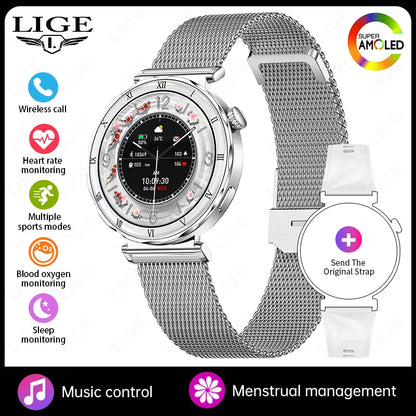 LIGE Ultra Thin Smart Watch Women Always On Display Clock Diamond Bracelet Sports BT Call AMOLED Fashion Smartwatch Ladies Gift