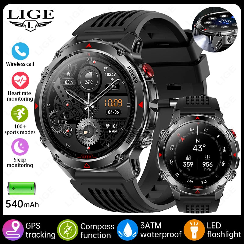 LIGE 2026 New Professional GPS Track Sports Smartwatch Outdoor RIDE Run Compass Altimeter 3ATM Fitness Bracelets 540mAh Watches