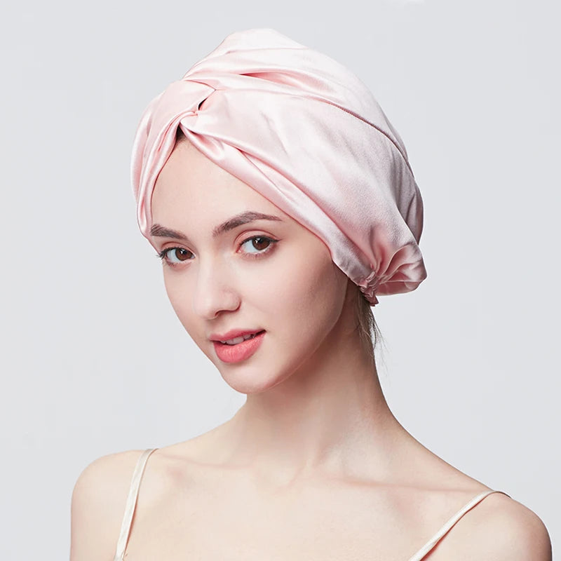 Double Layers 100% Silk Twisted Sleeping Bonnet Natural Silk Turban With Elastic Ribbon Women Headwrap For Hair Care 19Momme